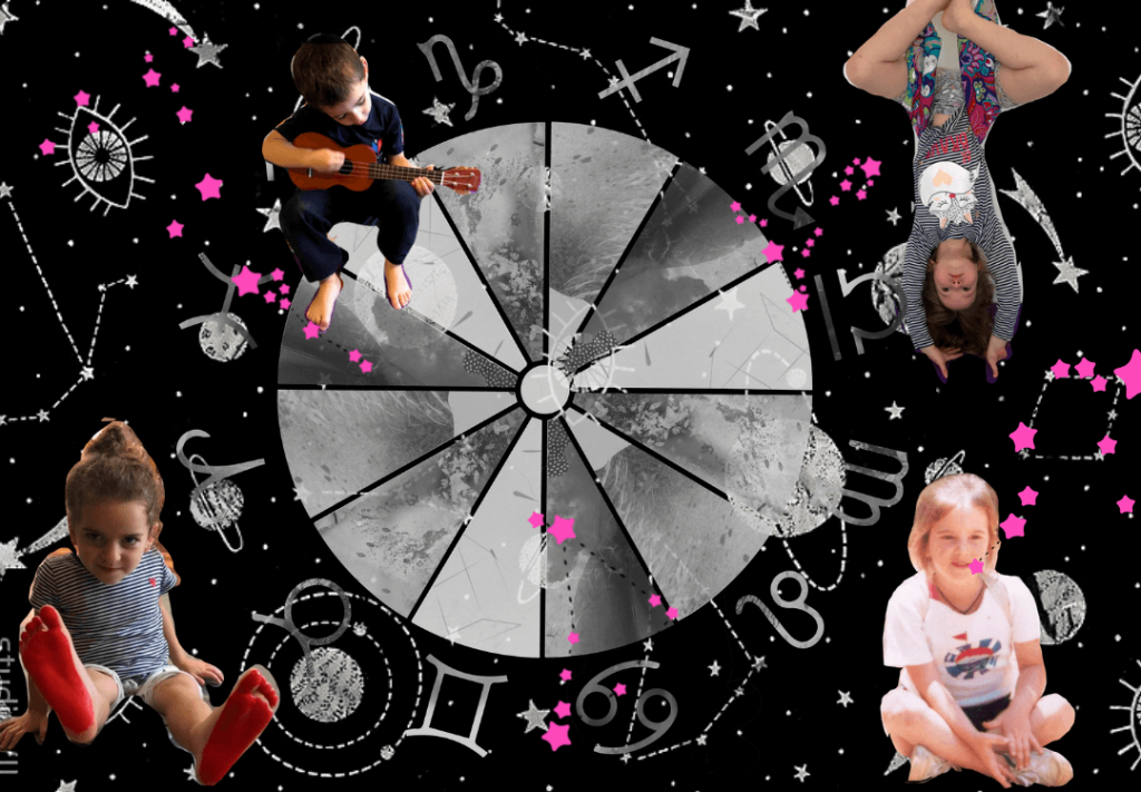 carta natal niños, rueda zodiacal, niños jugando, niño con ukelele, niña con pies pintados